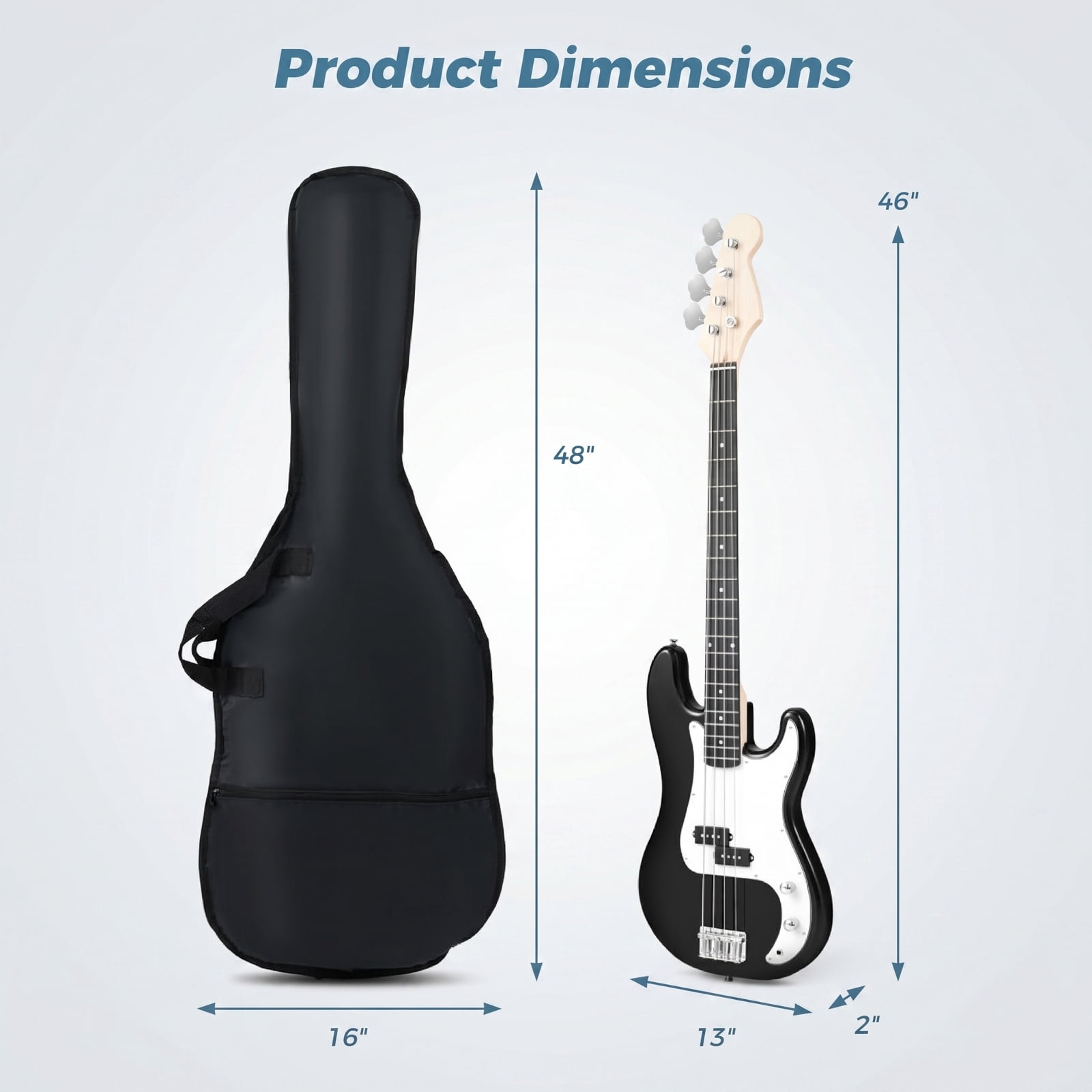 Redsmile 45.5-Inch Electric Bass Guitar with Double Pickups, Gig Bag, Truss Rod and Beginner Bundle, Black