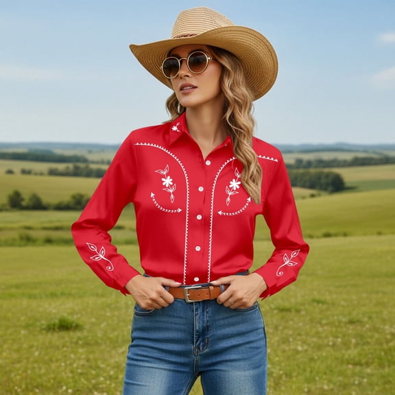 Cowgirl Shirts for Women Long Sleeve Western Shirts Floral Print Button Down Shirt Country Concert Tops Red L