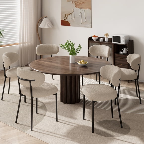 MALOL Dining Chairs Set of 6, Boucle Dining Room Chairs with Metal Legs & Curved Backrest & Thick Cushion, Modern Upholstered Teddy Fabric Sherpa Kitchen Side Chairs, Camel