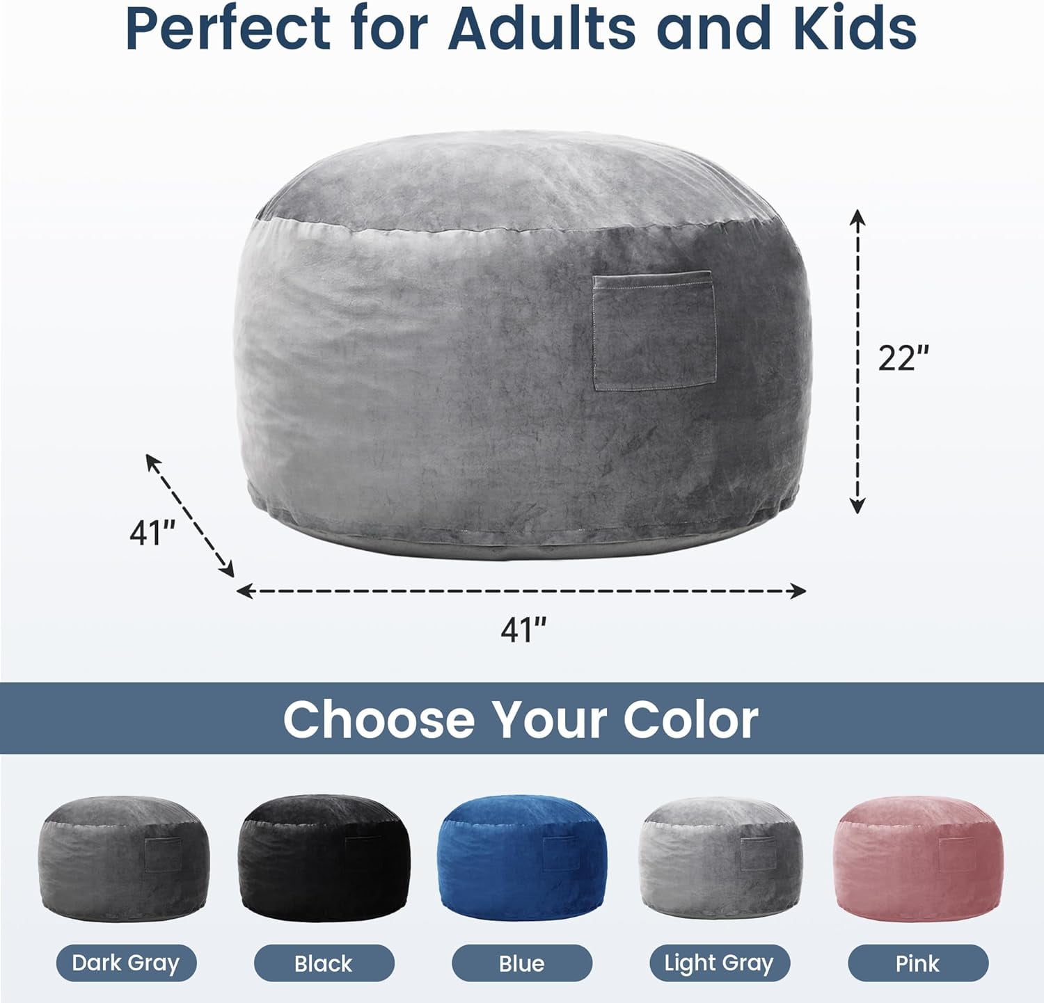 4 FT Bean Bag Chair for Adults, Teens, or Kids, Adult Size Beanbag Chair, Luxurious Memory Foam Filling, Washable Velvet Cover, Perfect for Living Room, Den, Bedroom, or Dorm, Light Grey