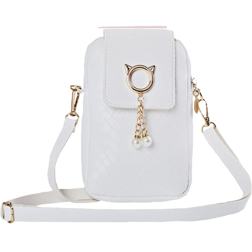 PU Leather Phone Purse, Small Crossbody Bag Mini Cell Phone Pouch Shoulder  Bag with Strap-White 