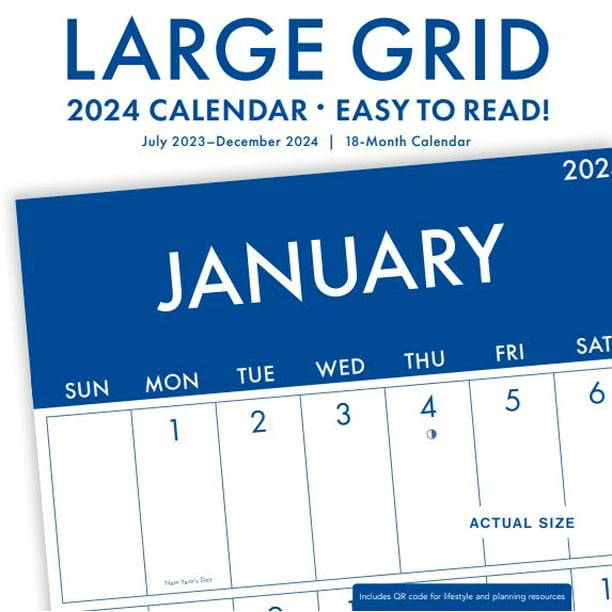 202418 Month CalendarLarge Grid Navy 12x12 Hanging Wall Calendar by