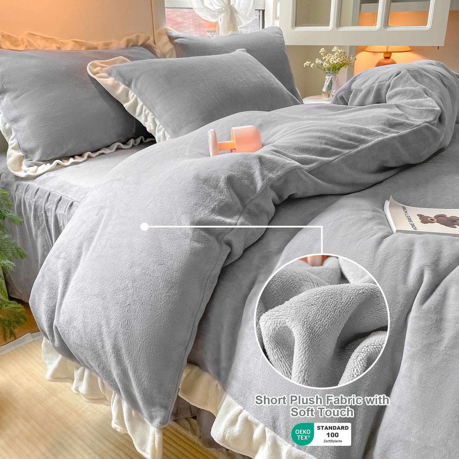 Velvet Duvet Cover, Queen Size Luxury Ultra Soft Fluffy Duvet Cover Set, Winter Crystal Velvet Duvet Covers with 2 Plillowcase, Gray, 90''x90''