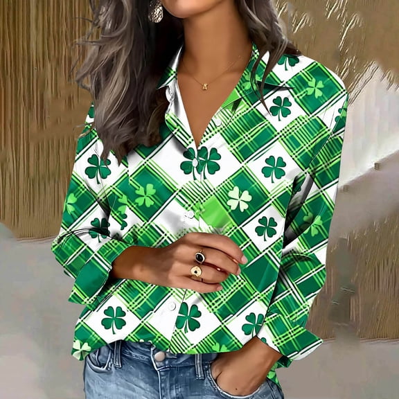 Pincandy Women's St. Patrick's Day Print Satin Button Down Collared Long Sleeve Shirt