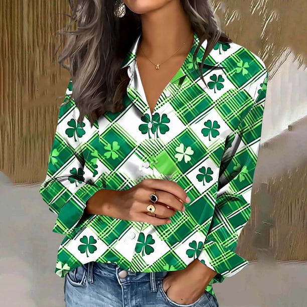 TaTaai Women Fashion St. Patrick's Day Printed Satin Long Sleeve Shirt Ladies Lapel Button Down Casual Loose Blouse Satin Top for Daily Party Work Vacation Spring Winter Wear Gift