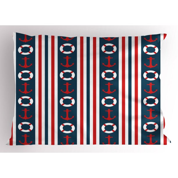 Nautical Pillow Sham Vertical Borders Stripes Maritime Theme Steering
