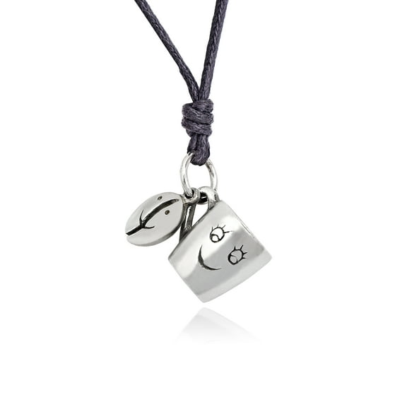 New Coffee Bean Cup Mug Silver Pewter Charm Necklace Pendant Jewelry With Cotton Cord