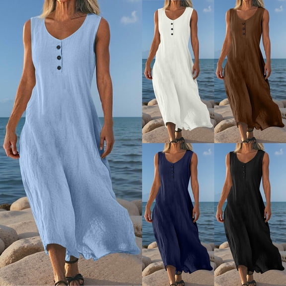 TAGOLD Womens Sleeveless V-Neck Dress Solid Color Button Tank Style Loose Summer Casual Outfit