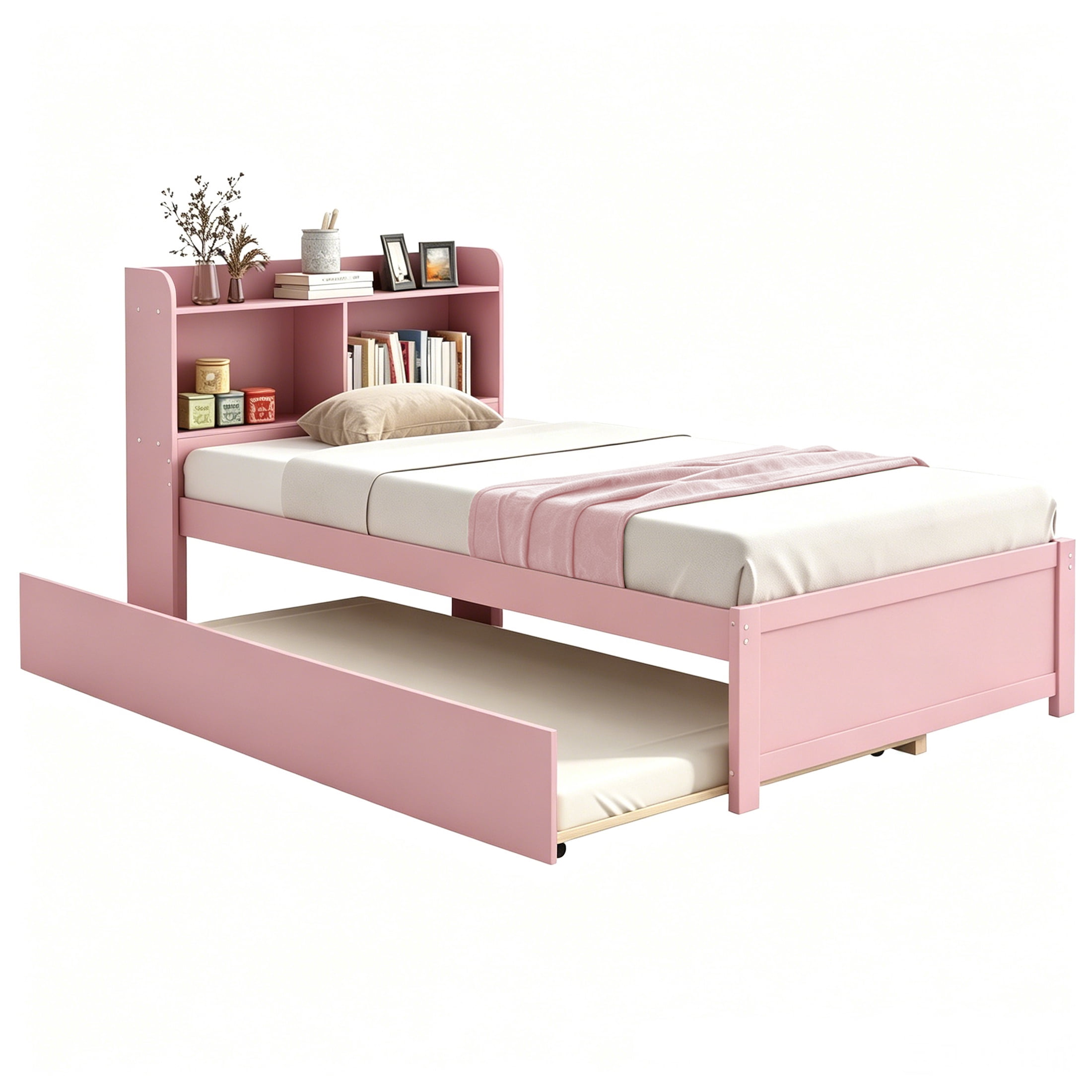 UHOMEPRO Twin Trundle Bed with Storage Headboard, Pink Trundle Bed Frame for Kids Girls Boys, Twin Bed with Trundle, No Box Spring Needed