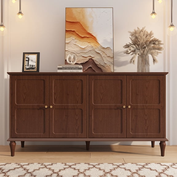 MROJISC Mid-Century 58" Buffet Cabinet Sideboard with Storage, 4 Doors with Adjustable Shelves, Brown