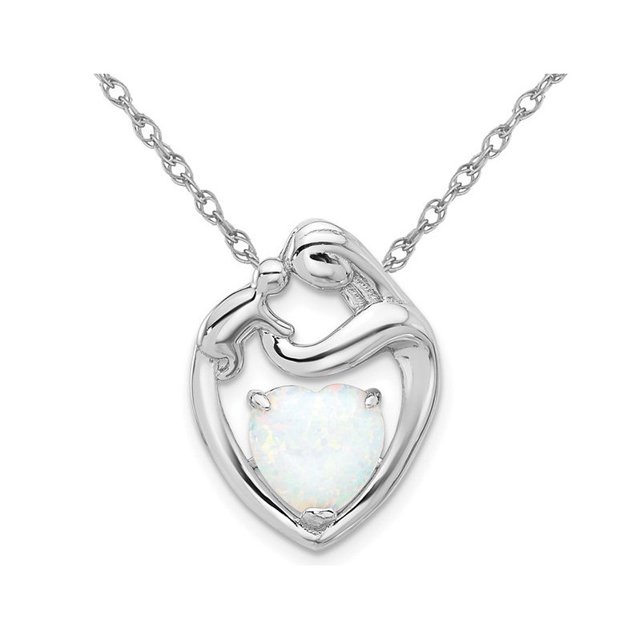 Sterling Silver Mother and Child Pendant Necklace with Lab-Created Opal and Chain