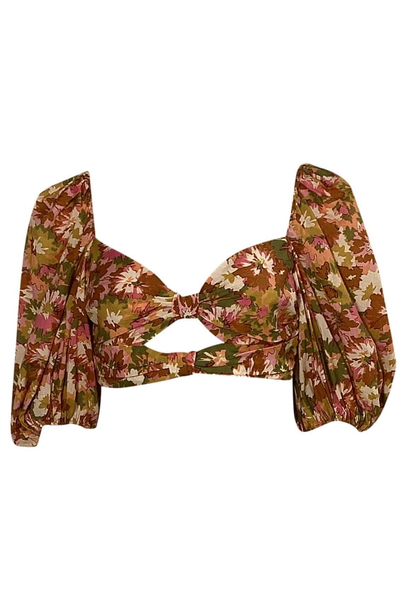 Pre-Owned Zimmermann Violet Floral-Print Cropped Top in Multicolor Cotton