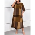 thumbnail image 6 of Plus Size Women Brown Plaid Digital Print Round Neck 3/4 Sleeve Mid-Length Casual Resort Dress, 6 of 6