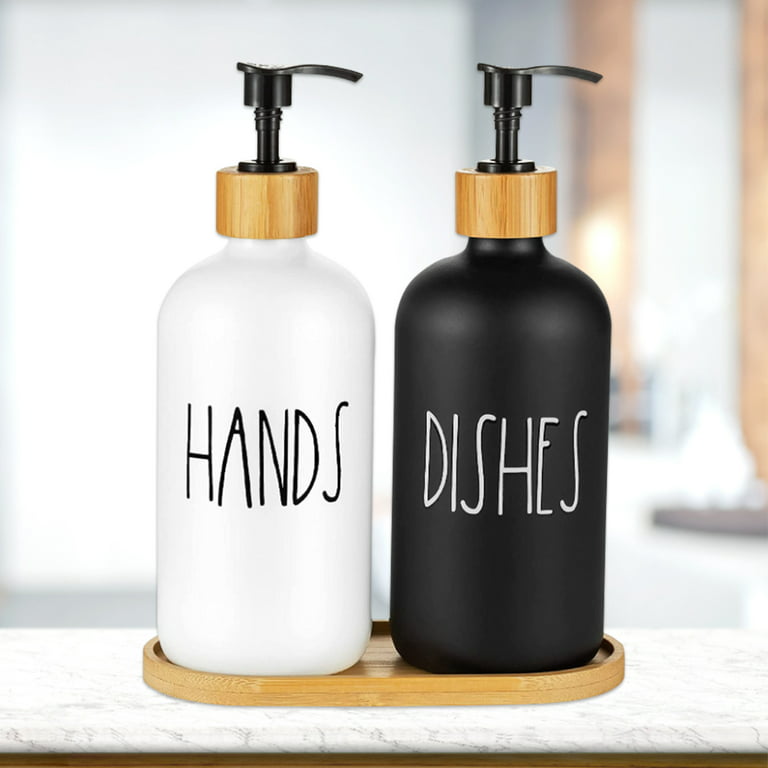 2 Pcs 16Oz Glass Divider Soap Dispenser Bamboo Wood Pump Head Cover with  Tray Black And White