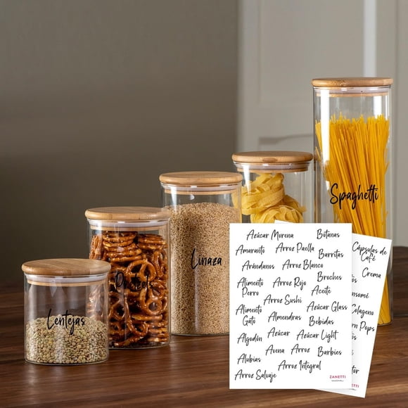Zanetti - Juego de 5 Recipientes Herméticos de Cristal con Tapa de Madera de Bambú para Almacenamiento de Alimentos