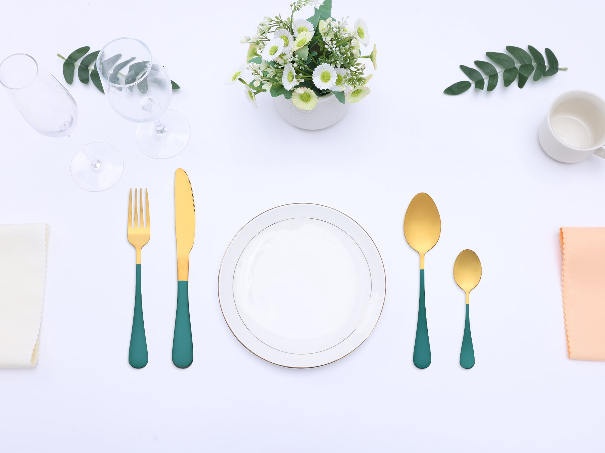 Unique Bargains Flatware Set Stainless Steel Silverware Green 4 Pcs