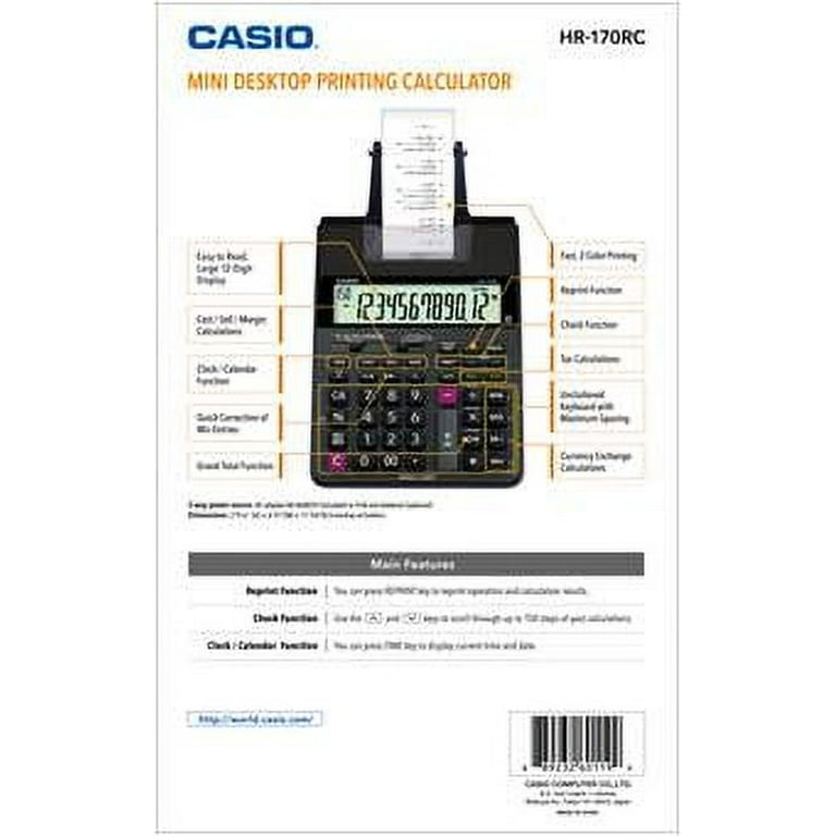 Casio HR-170RC 12-Digit Display Printing Calculator, Battery Casio HR-170RC 12-Digit Display Printing Calculator, Battery