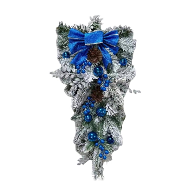 GUOOL Christmas Teardrop Bow Swag Artificial Wreath for Front Door Home Xmas Decor Blue