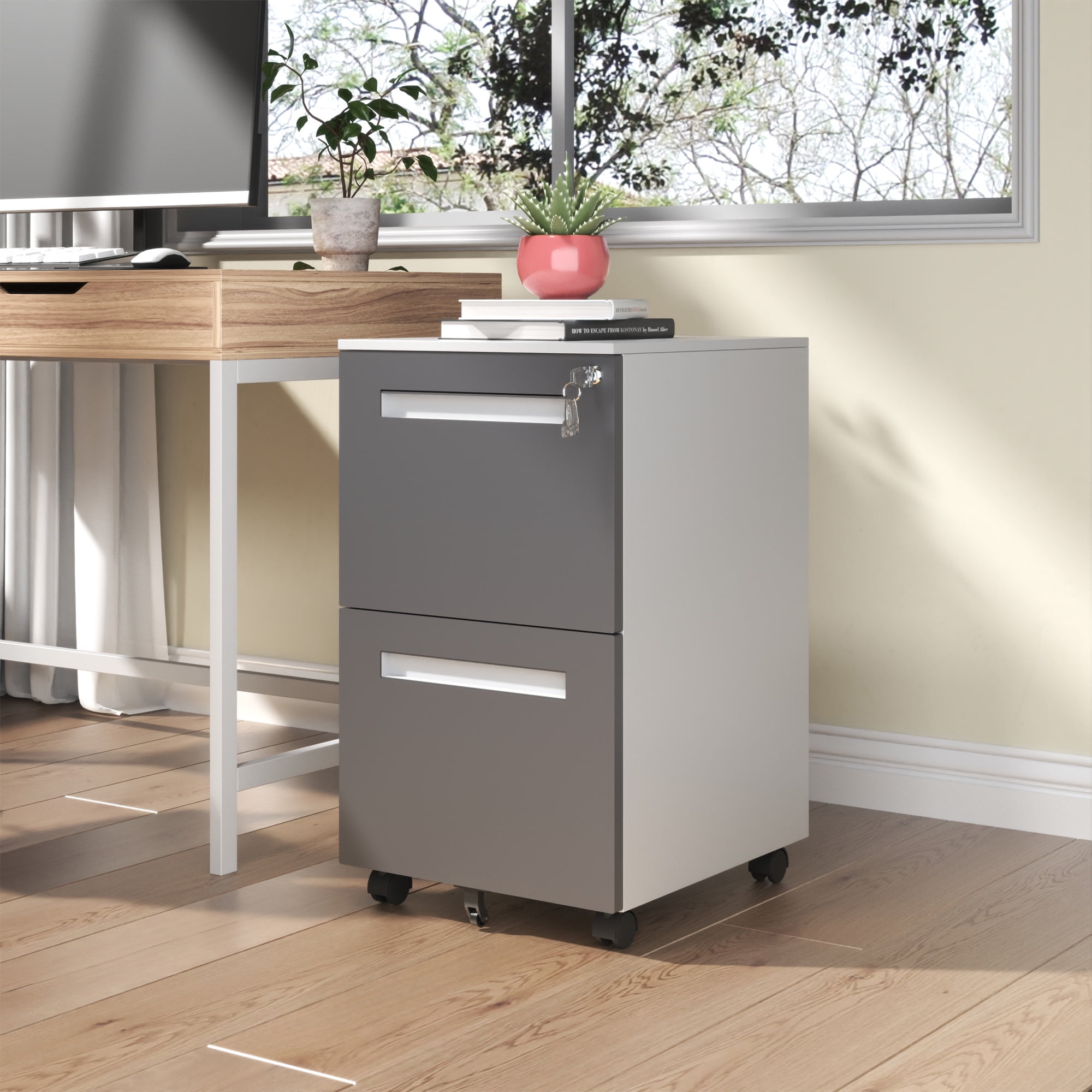 2-Drawer Mobile File Cabinet with Lock, All-Steel Metal Storage Cabinet on 360° Wheels, for Home Office & Commercial Use, Fully Assembled, Holds A4/Letter/Legal Files, 110lbs/Drawer Capacity