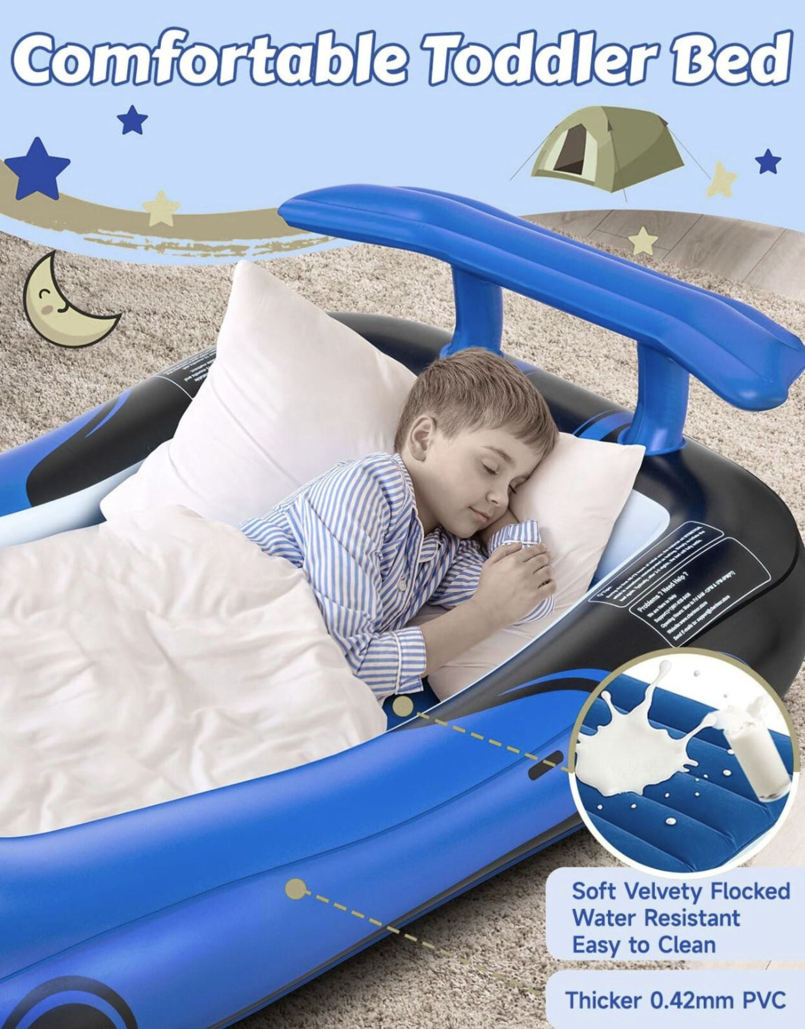 Cherimor Inflatable Toddler Bed, Racing Vehicle Blow Up Mattress for Kids Travel with 4-Side Safety Rail Bumpers, 2-Min Quick Auto Pump, Heavy Duty 330lb Capacity, Portable Toddler Airbed, Blue
