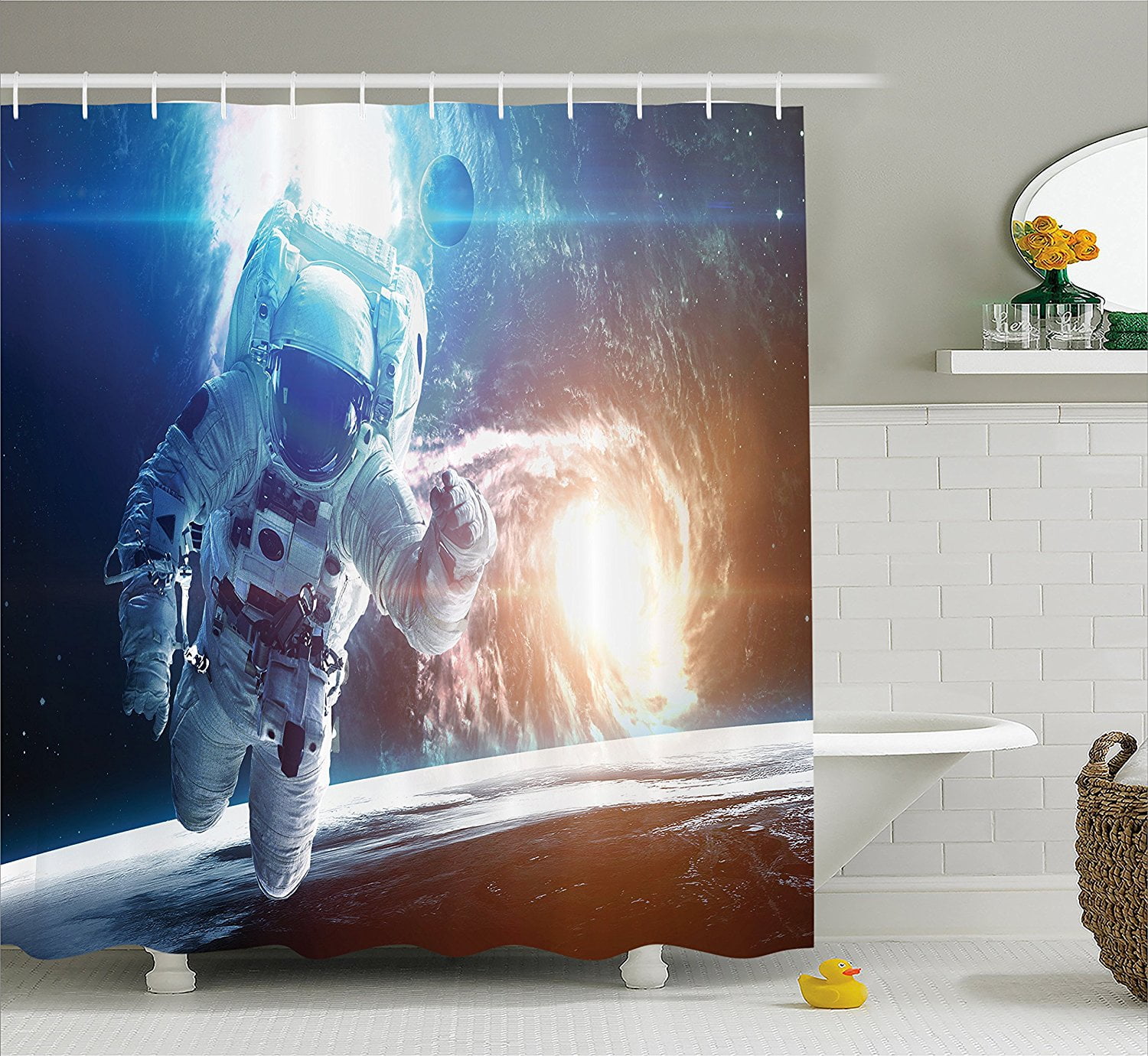 Outer Space Decor Shower Curtain by , Spaceman in Galaxy in front of