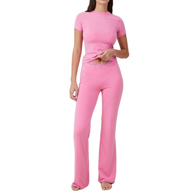 SUNSIOM Ensemble d'Été 2 Pcs pour Femmes Manches Courtes Col Rond + Pantalon Évasé Mode Urbaine