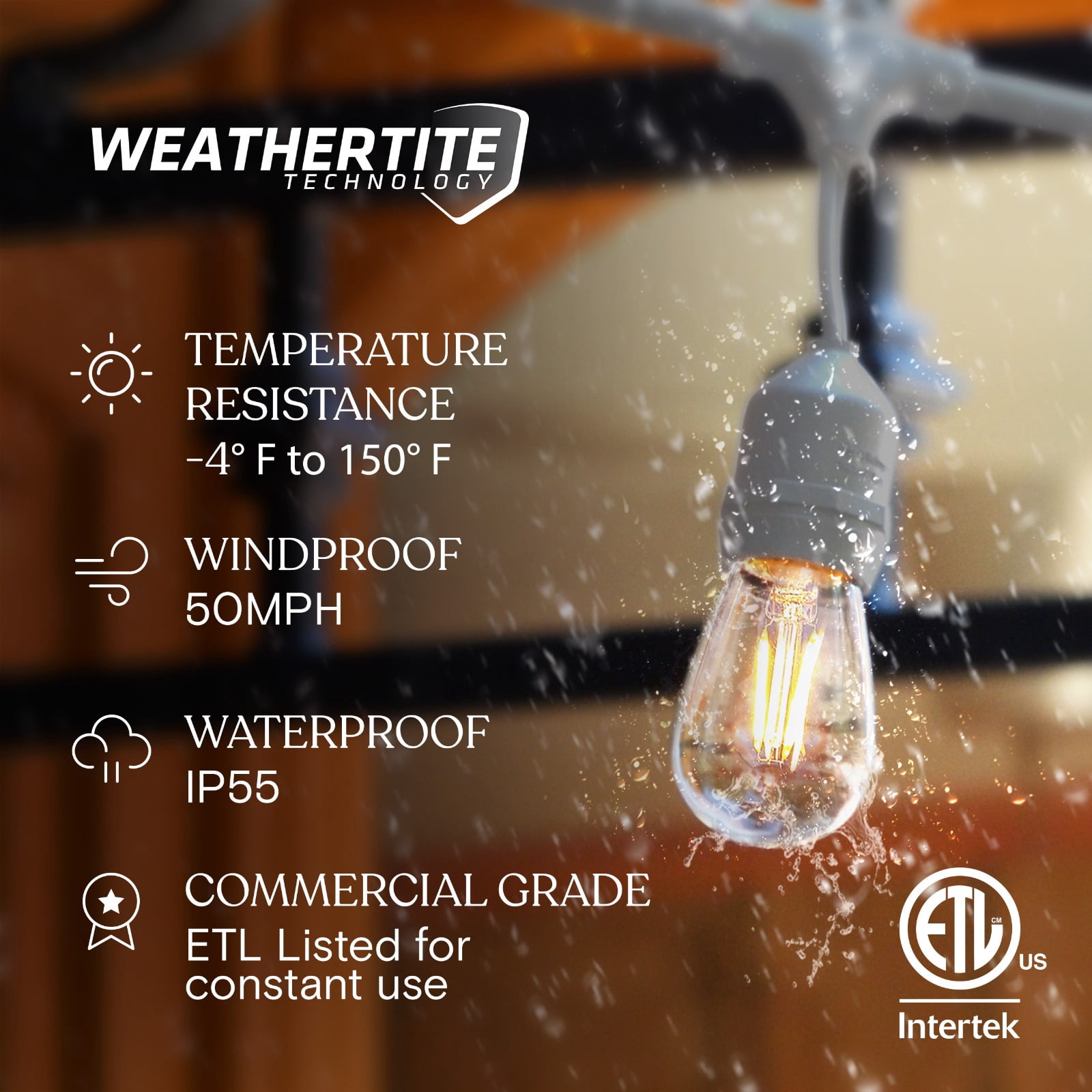 Brightech Ambience Pro LED Outdoor String Lights 48 ft, Waterproof Shatterproof 2W Dimmable Edison Bulbs for Patio, Backyard, Porch, 2700K Soft White, White Cord