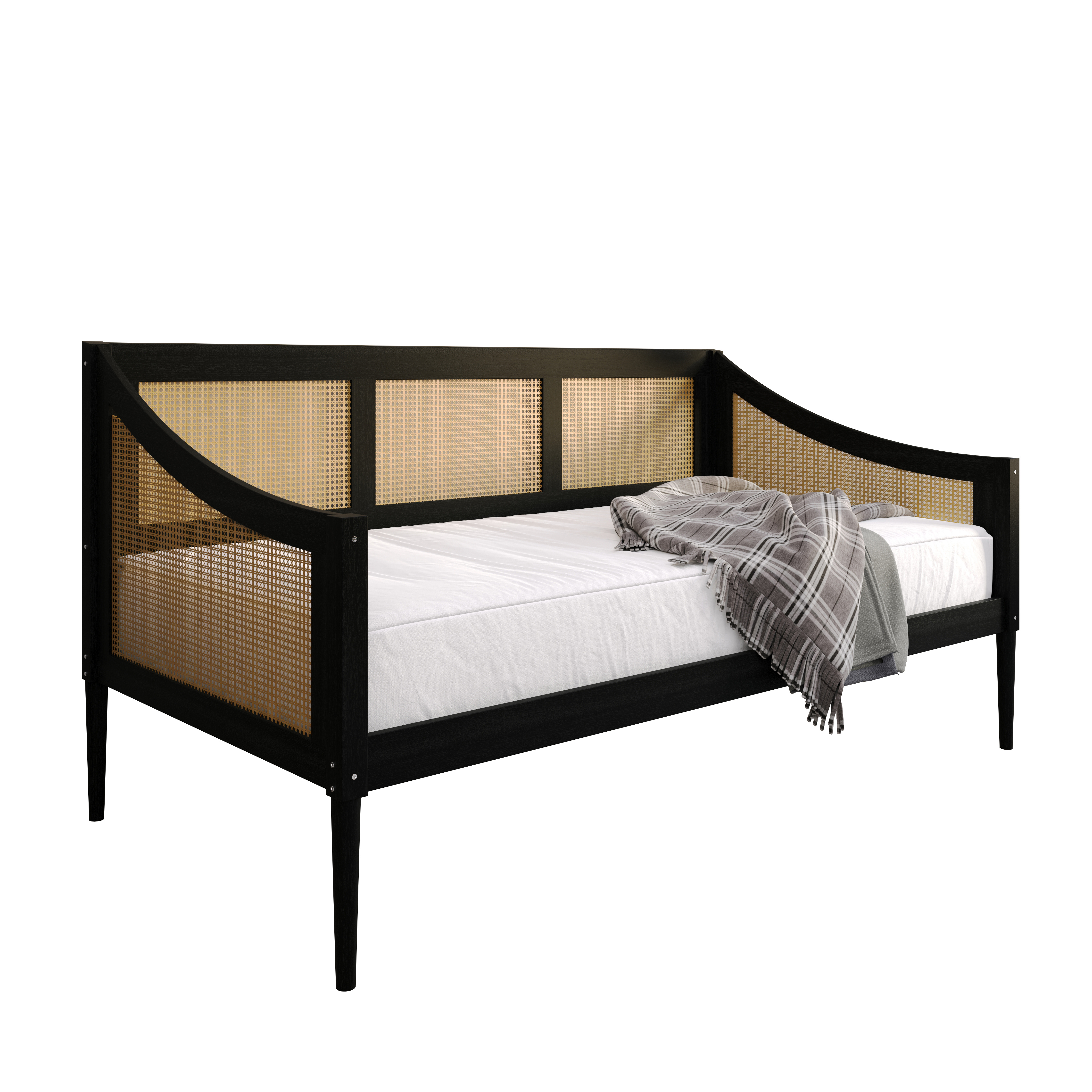 Home Design Elko Twin Daybed with Natural Wood Grain Frame, Rattan Accents, Durable Solid Wood, Stylish Seating and Sleeping Solution, Black