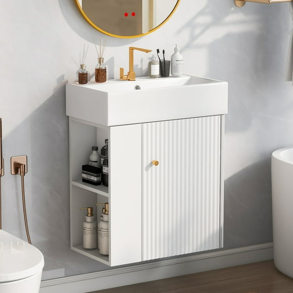 MODERNLUXE 21.6" Wall-Mount Bathroom Vanity with Ceramic Sink,Modern Floating Sink Cabinet with Left Open Shelf for Small Space,White