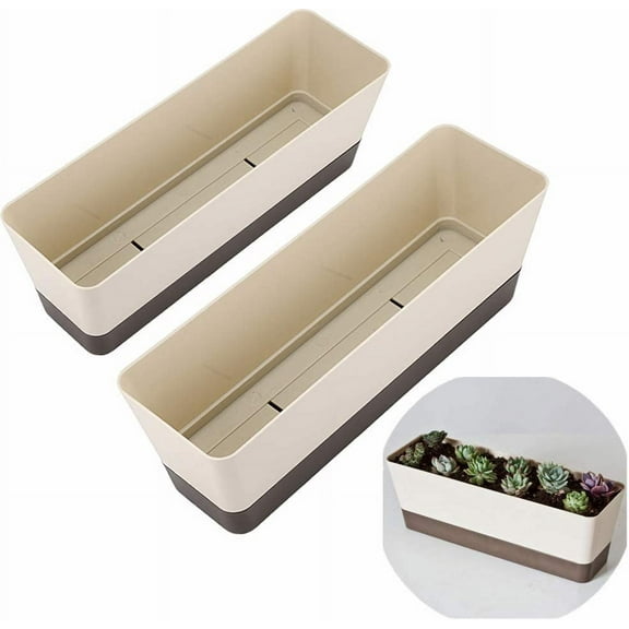 2 Pcs Rectangular Plant Pot, 12" Watering Plant Container with Drainage Hole, Window Planter Box with Saucer for Succulents, Flowers, Herbss