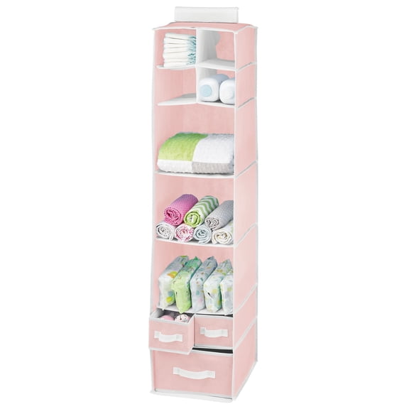 mDesign Fabric Nursery Hanging Organizer with 7 Shelves/3 Drawers - Pink/White