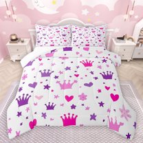 jejeloiu Kawaii Princess Crown Bedding Comforter Set,Fairy Tale Theme Twin Comforter Sets,Pink Purple Loves Stars Bedding Set For Girls Kids,Ultra Soft Home Decor,2 Pieces