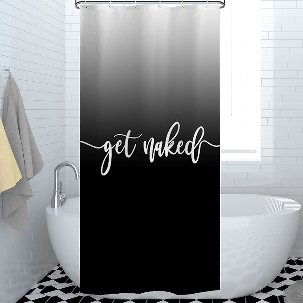 Stall Get Naked Shower Curtain Black Get Naked Grayish White to Black Funny Cute Art Fonts Words Fabric Machine Washable Bathroom Decor Set with Hook Bath Curtain 36 x 72 inches