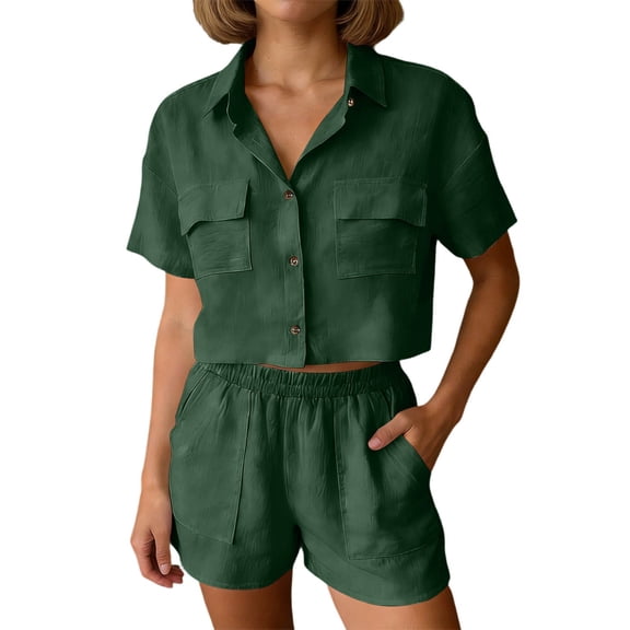 QGJZVUNL 2 Piece Sets for Women Summer Casual Short Sleeve Button Tops Elastic Waist Shorts Lounge Set Size L