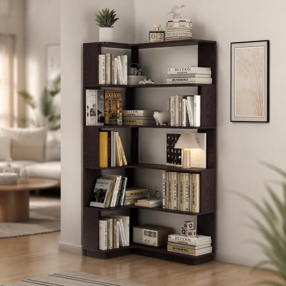 Freestanding L-Shaped Corner Bookshelf 35.43" Extended Width, 5-Color MDF Display Shelf with Anti-Tip Kit, Open Storage Organizer for Living Room, Bedroom, Home Office