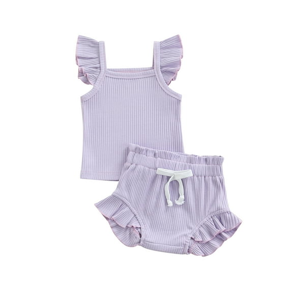 Musuos Newborn Girl Two-Piece Outfits, 6 12 18 24M Solid Color Flying Sleeve Romper Elastic Drawstring Short Pants
