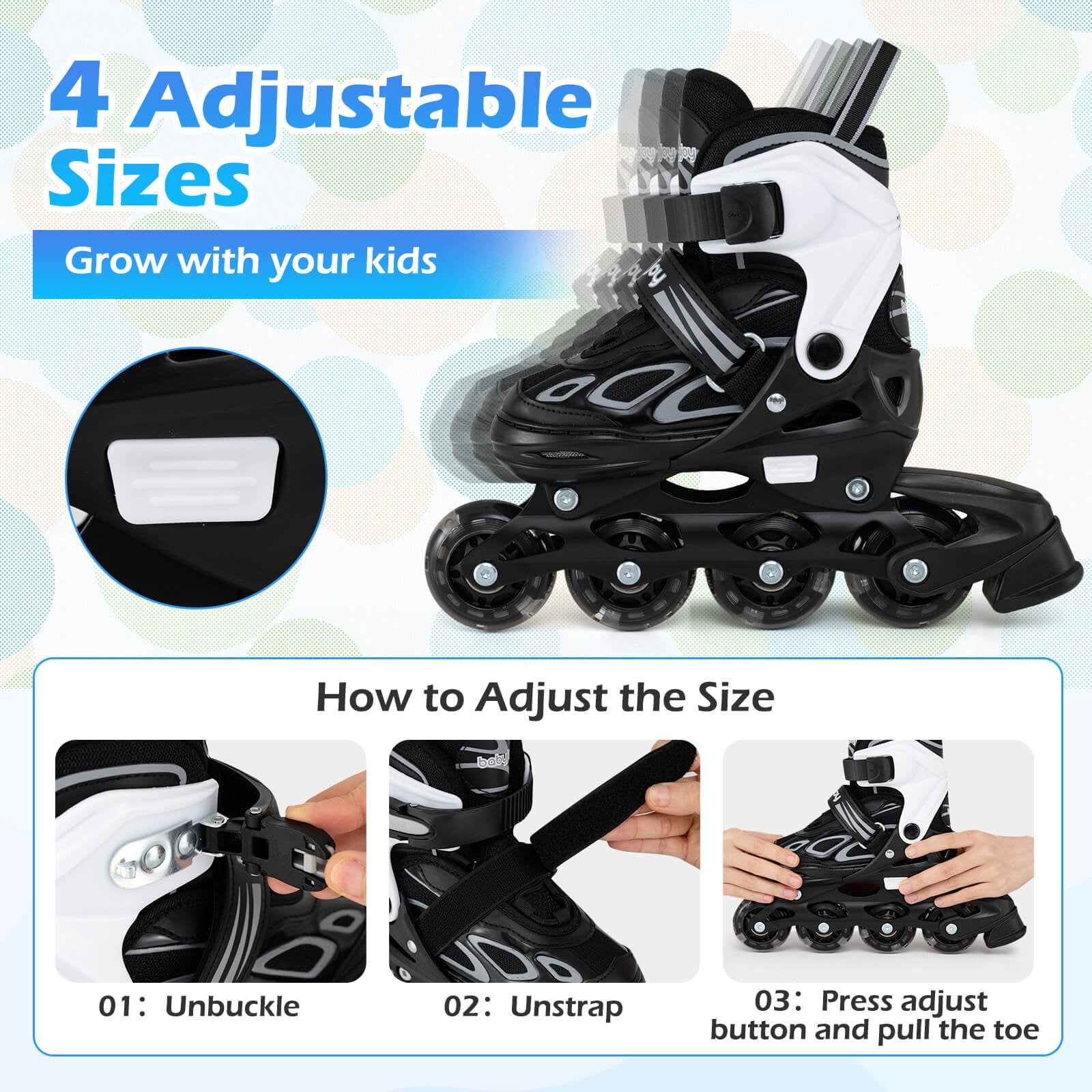 Babyjoy Kids’ Inline Skates for Boys Girls Ages 5-7, 4 Sizes Adjustable Blade Roller White & Black
