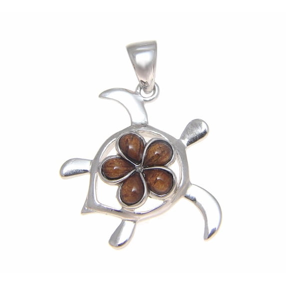 Genuine inlay Hawaiian koa wood plumeria flower honu turtle pendant sterling silver 925 small