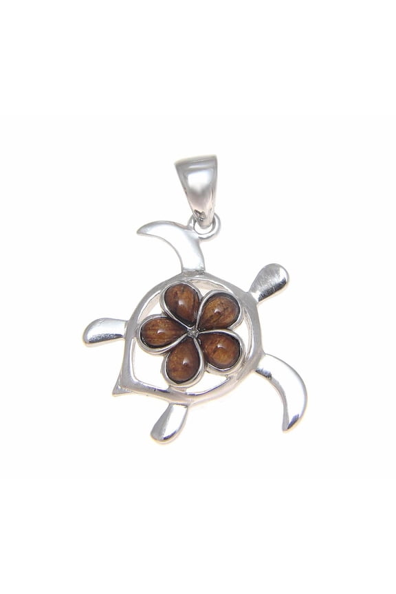 Genuine inlay Hawaiian koa wood plumeria flower honu turtle pendant sterling silver 925 small