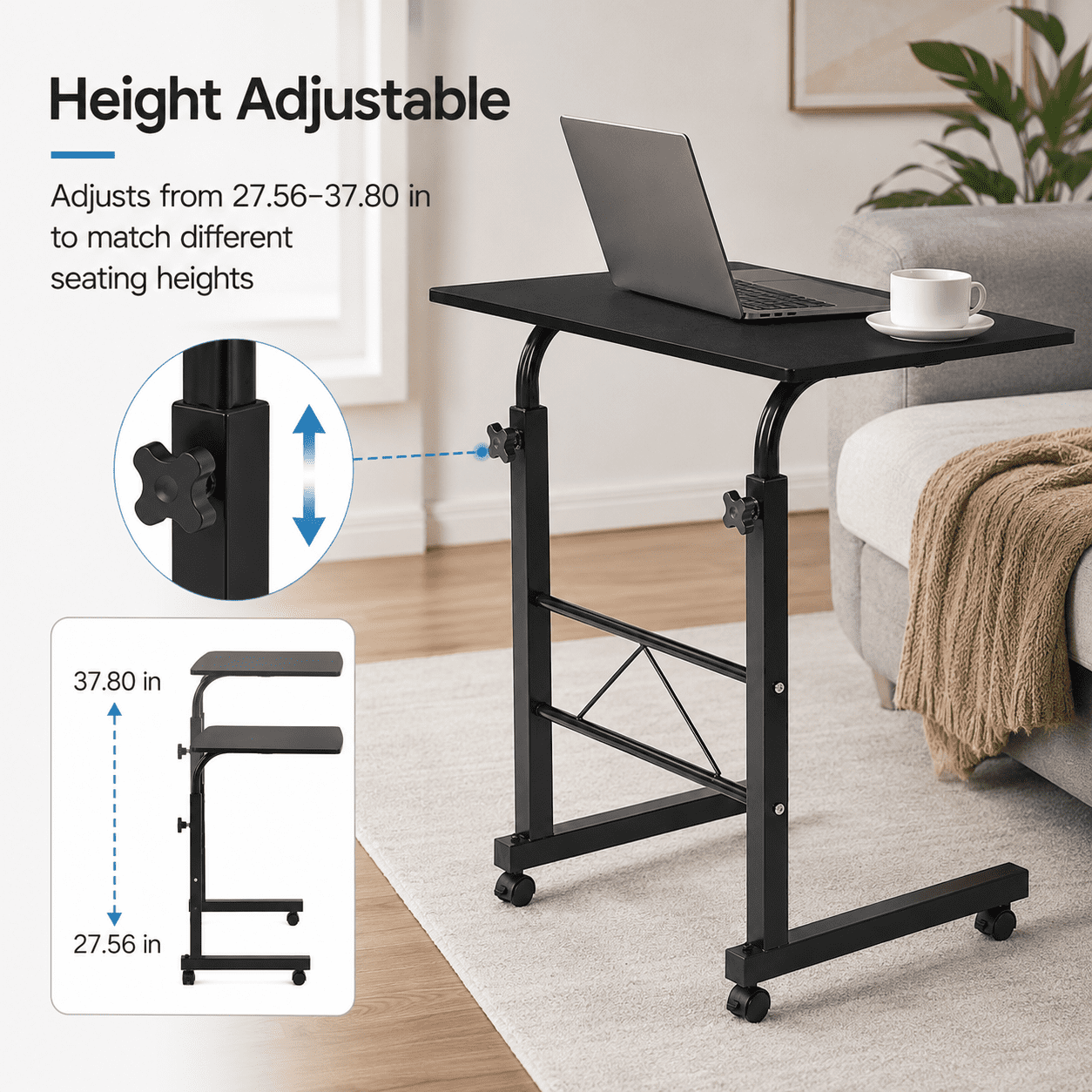 Alvantor Black Adjustable Rolling Laptop Table with Steel Frame