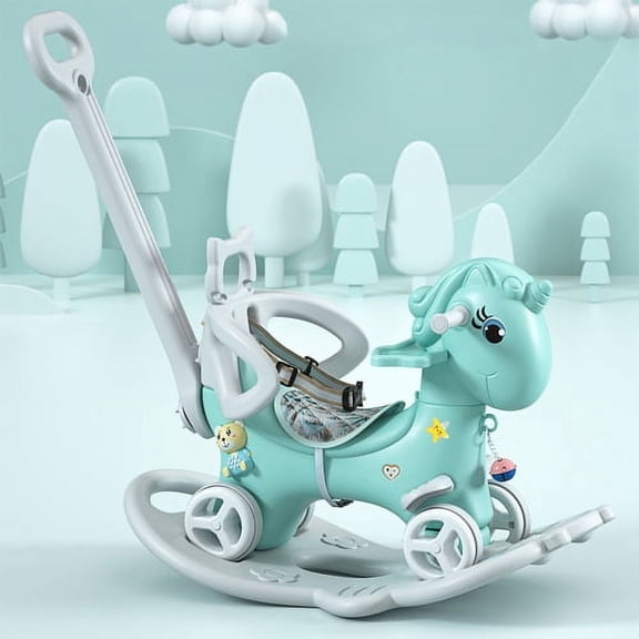 5 in 1 Rocking Horse for Toddlers 1-3 Years Old, Balance Bike Ride On Toys with Push Handle, Backrest and Balance Board for Baby Girl and Boy, Unicorn Kids Riding Birthday (Blue)