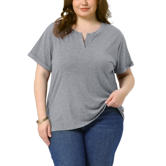 Camisetas de mujer de talla grande GRACE & GRANDEUR, con cuello en V, mangas cortas enrolladas, suaves y casuales, tops de verano 2025 4X gris