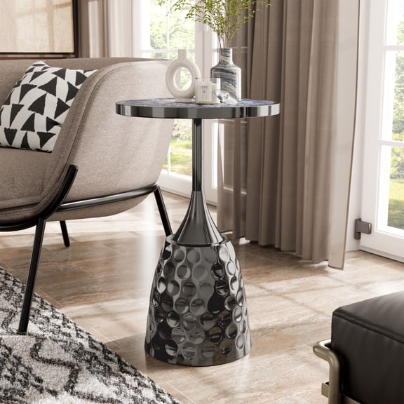 24/7 Shop At Home Enric Modern Metal Accent Side Table with Round Tabletop, Living Room End Table, Black with Geometric Pattern