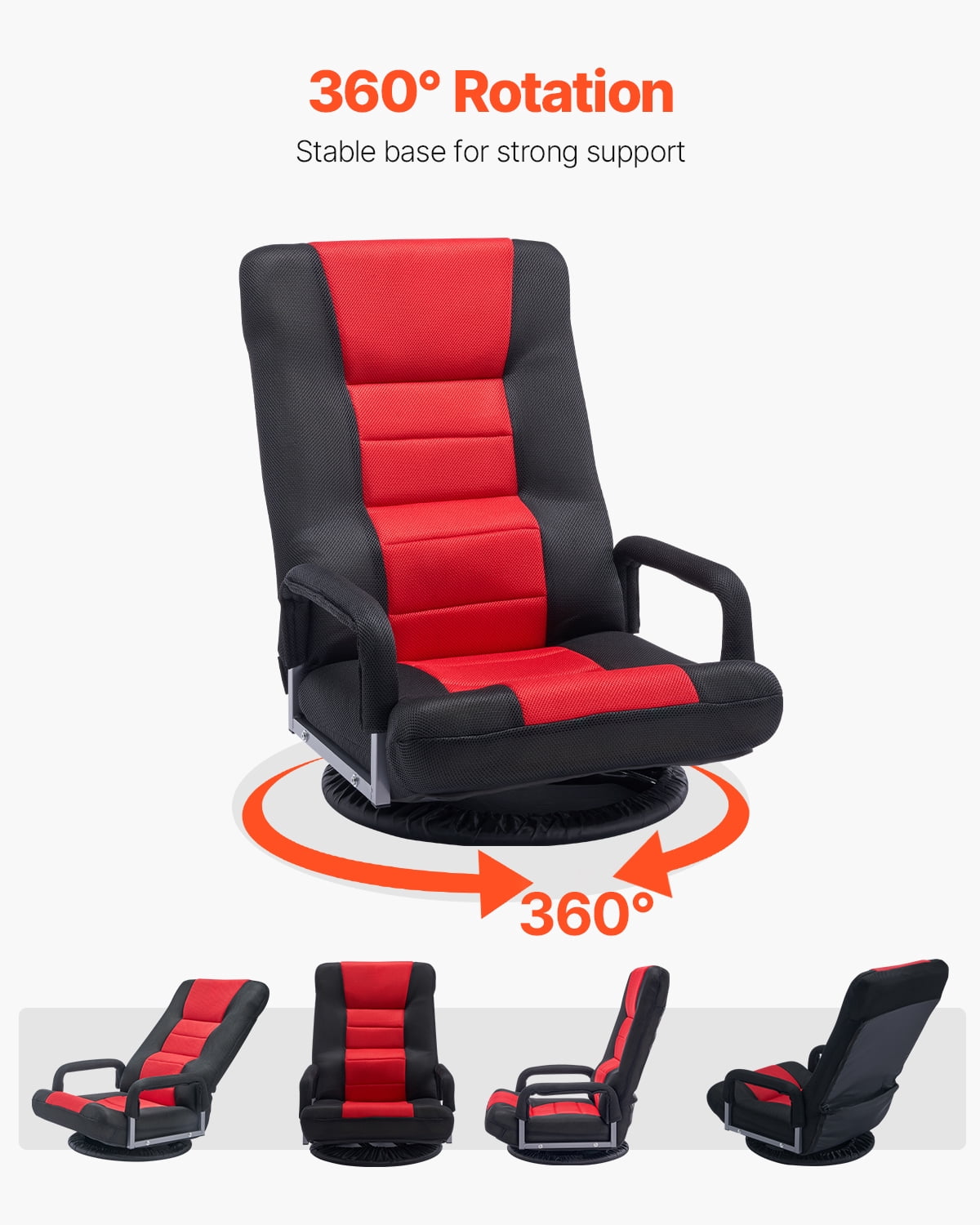 VEVOR Swivel Floor Gaming Chair with Armrests, 360-Degree Rotating Floor Chair with 6 Adjustable Position Folding Backrest and Lumbar Support, Folding Video Reclining Sofa for TV Reading, Red Black