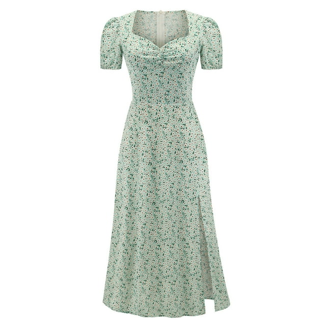 EGNMCR Robes d'Été Femmes Tendance 2024 Mode Femmes Rétro Décontracté Été Imprimé Floral Manches Courtes Col en V Robe Mi-Mollet