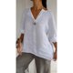 thumbnail image 2 of QUTETN Summer Linen V-Neck Shirt Top - 3/ 4 Roll-Up Sleeve Loose Solid Blouses Tunic Tops With Button for Women, 2 of 4