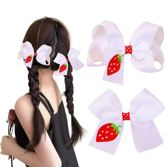 2 Pcs Strawberry Bow Hair Clips,Embroidered Children's Hair Accessories,Grosgrain Hair Barrettes,Cute Hair Clip for Toddler,for Summer First Day of School (4 Inch)