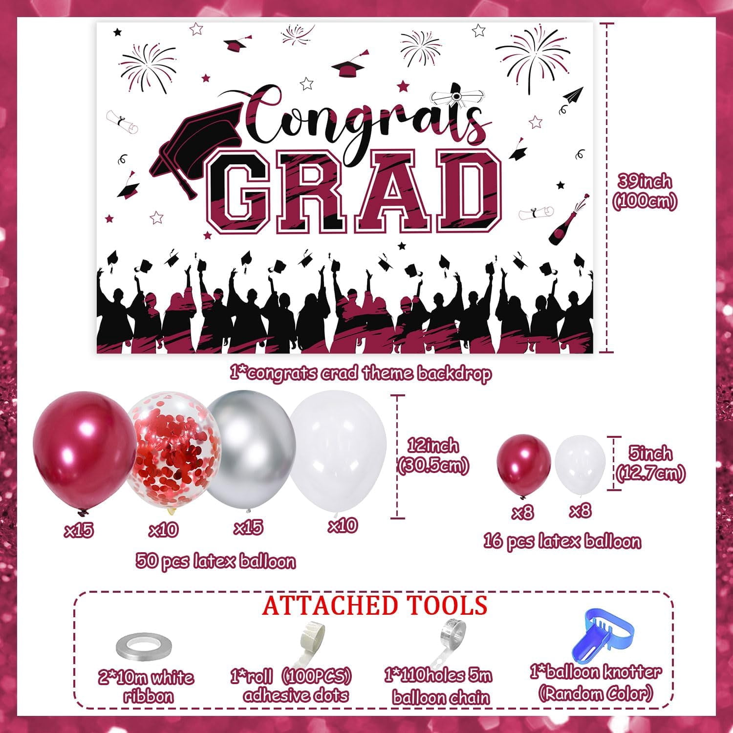 67Pcs Congrats Grad Decorations 2024, Burgundy Red Graduation Decor with Congrats Grad Backdrop Red Silver Confetti Balloon Garland Arch Kit for Class of 2024 Grad Prom Graduation Supplies