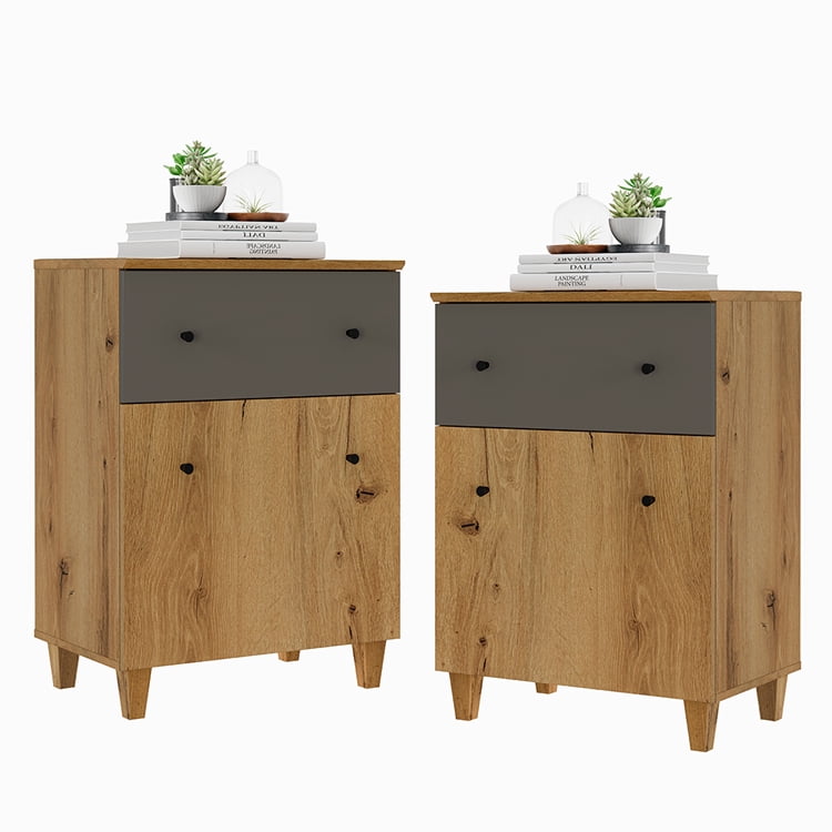 Modern End Tables Set of 2, Large Side Tables with Drawer and Cabinet, Wooden Nightstands with Adjustable Storage Shelf for Living Room, Oak Brown