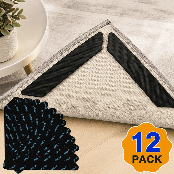 Non Slip Rug Grippers for Hardwood Floors – 12 Pcs Trapezoid Carpet Tape for Area Rugs, Anti Curl Sticky Pads for Rug Corners & Edges, 1.2 x 7.1 Inch